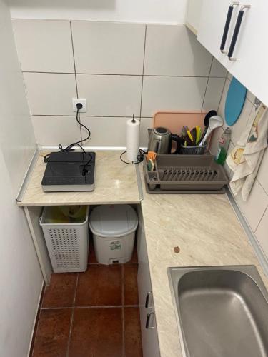 eine kleine Küche mit einer Spüle und einer Arbeitsplatte in der Unterkunft Bulevar Apartments in Požarevac