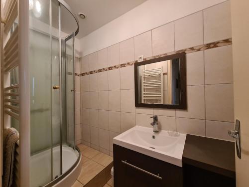 a bathroom with a sink and a shower at Gîte Saint-Gaultier, 3 pièces, 6 personnes - FR-1-591-361 in Saint-Gaultier