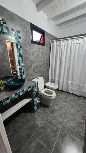 La salle de bains est pourvue de toilettes, d'un lavabo et d'une douche. dans l'établissement Casa en Santa Teresita, à Santa Teresita