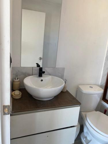 a bathroom with a sink and a toilet at Cabaña Viaducto Vista al Mar, Curanipe in Pelluhue