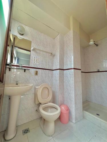 a bathroom with a toilet and a sink at Hostal Escobar in Cochabamba