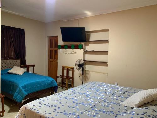 a bedroom with two beds and a tv on the wall at Hamuy's Lodge in Ica