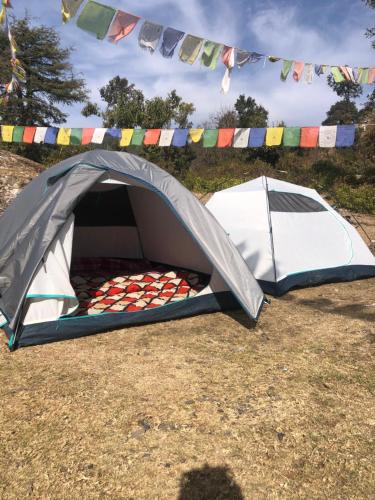 ein Zelt auf einem Feld mit etwas Essen darin in der Unterkunft Free style camps in Masuri