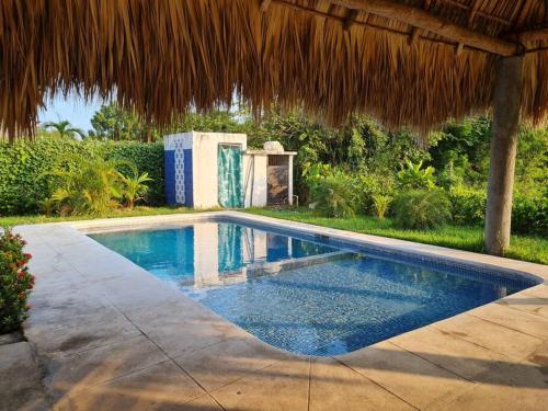 a swimming pool in a resort with a straw roof at Primera Casa de Contenedores en Monterrico. in Monterrico