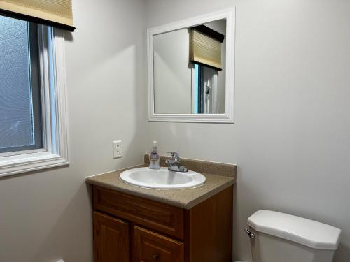 uma casa de banho com um lavatório e um espelho em Kaslo, Upper Floor Paradise, 2 Beds and Hot Tub em Nelson