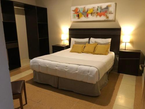 San José de las Salinas的住宿－LAS SALINAS GRAN HOTEL，一间卧室配有一张大床和两张黄色枕头