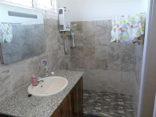 ein Bad mit einem Waschbecken und einer Dusche in der Unterkunft Bois Gournable in Rodrigues Island
