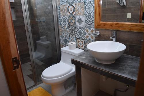y baño con aseo, lavabo y ducha. en Estancia Vacacional 20 Aguas en Ursulo Galván