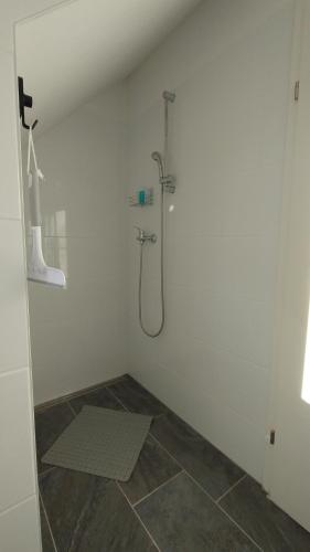 La salle de bains est pourvue d'une douche dans un mur blanc. dans l'établissement City Leaves Apartments, à Sankt Aegyd am Neuwalde