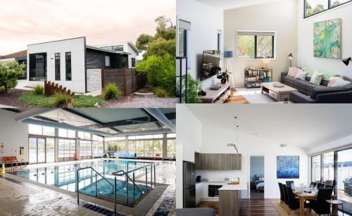 a house with a swimming pool and a living room at The Retreat Inverloch in Inverloch
