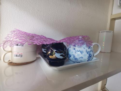 a counter top with two vases and a pink umbrella at grori house in Musashino