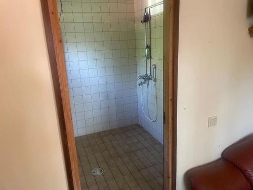 クオピオにあるRauhallinen asuntoのバスルーム(ガラスドア付きのシャワー付)