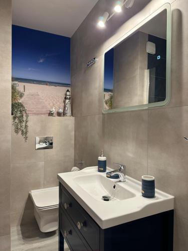 ヤストシェンビャ・グラにあるAmko Style Apartamenty Przystań 26 Willa Nordのバスルーム(洗面台、トイレ、鏡付)