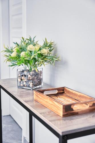 a table with a tray and a plant on it at Departamento Marloma #1 in Ensenada