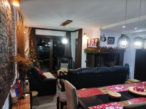 a living room with a couch and a fireplace at Vila KTM Lisine in Despotovac