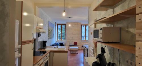 Il comprend une petite cuisine équipée d'un four micro-ondes et d'un comptoir. dans l'établissement Appartement familial T3 avec sauna 8 personnes, à Eaux-Bonnes