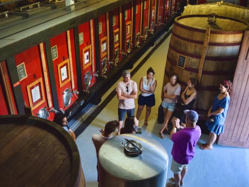 a group of people standing around in a wine cellar at Quinta do Tedo in Folgosa