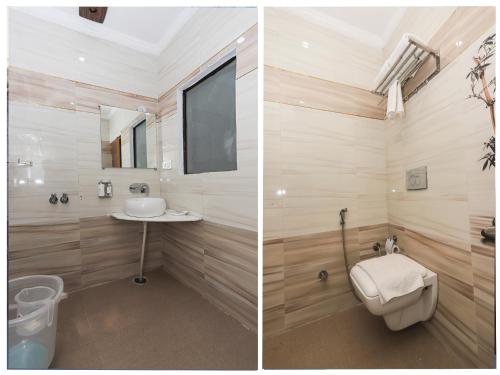 2 fotos de un baño con aseo y lavabo en DESTINATION By EXOTICA, en Dharamshala