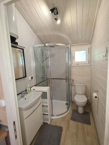 a bathroom with a shower and a toilet and a sink at Domki Przy Marinie Wapnica 6 km od Międzyzdrojów in Wapnica