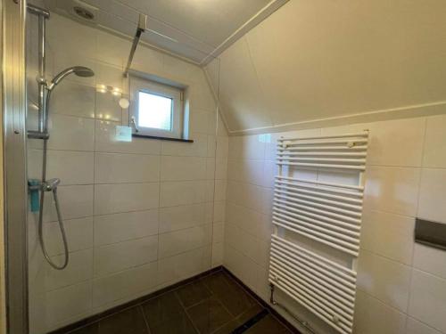 een badkamer met een douche en een raam bij Holiday home Landgoed Eysinga State 4 in Sint Nicolaasga