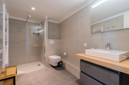 une salle de bain avec un lavabo, des toilettes et une douche dans l'établissement La Porte Bleue - Charmant appt, à Marseille