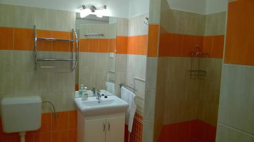a bathroom with a sink and a toilet at DUO Apartmanok in Sárvár