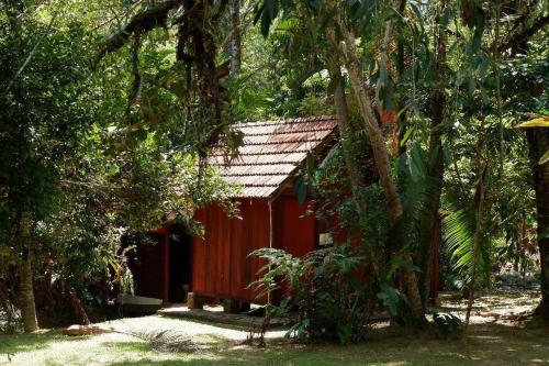 a red cabin in the middle of a forest at Jungle Zen Janda Baik Campsite in Kampung Janda Baik