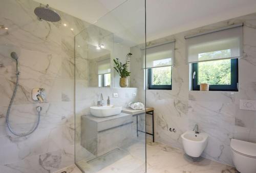 y baño blanco con lavabo y ducha. en Villa Sain by IstriaLux, en Marčana