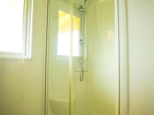um chuveiro com uma porta de vidro na casa de banho em Recreatiepark Duinhoeve 4 em Udenhout