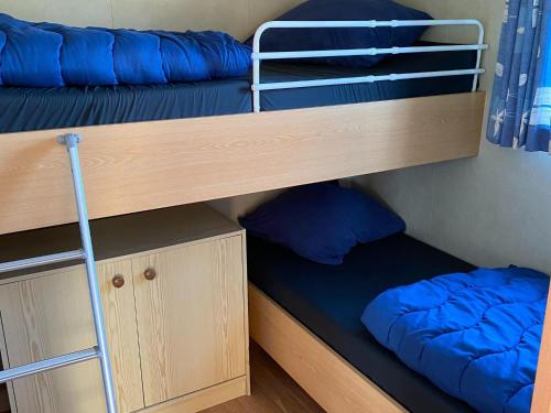 2 literas en una habitación con almohadas azules en Recreatiepark Duinhoeve 5, en Udenhout