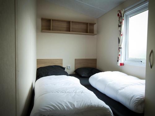 Cette chambre comprend 2 lits et une fenêtre. dans l'établissement Recreatiepark Duinhoeve 12, à Udenhout