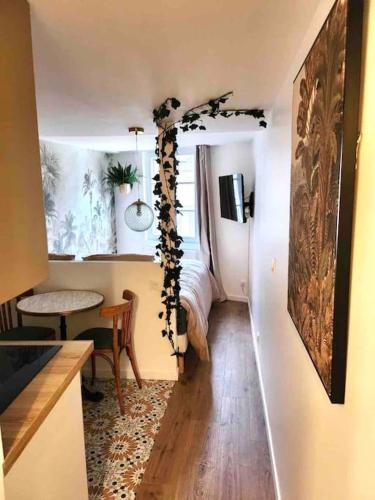 Cet appartement comprend une chambre avec une cuisine dotée d'une table et une chambre avec une autre chambre. dans l'établissement Studio Jungle-Calme rue piétonne, à Limoges