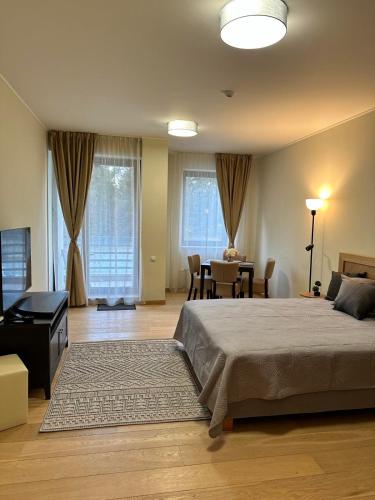 sypialnia z łóżkiem, stołem i krzesłami w obiekcie Lodge Euphoria Studio w Borowcu