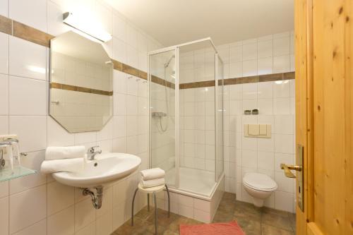 a bathroom with a sink and a shower and a toilet at Ferienwohnung Maribell in Jabel