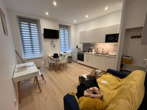 un salon avec un canapé et une cuisine dans l'établissement Spacieux T2, tout NEUF! Confort au top!, à Toulouse