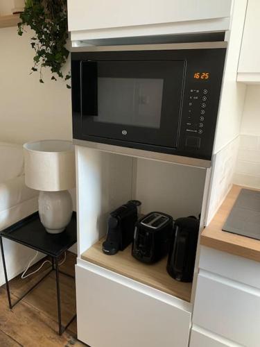 d'un four micro-ondes sur une étagère dans la cuisine. dans l'établissement Superbe duplex hypercentre dans une rue piétonne, à Limoges