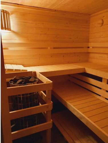 a wooden sauna with two shelves in it at De Friese Wouden in Suameer