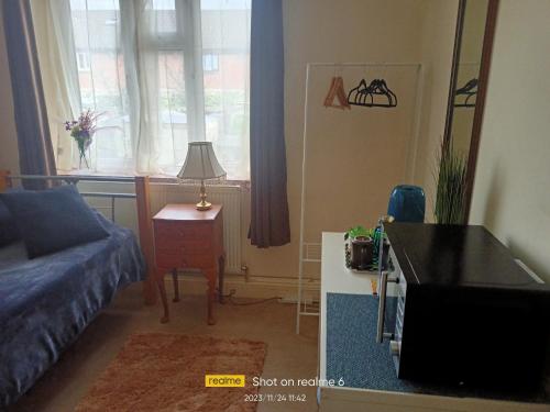 a living room with a bed and a table with a lamp at Goldy's place in E17 in London