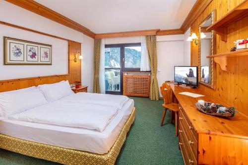 een slaapkamer met een bed, een bureau en een televisie bij Hotel Nigritella in Selva di Cadore