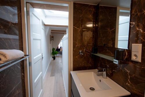 a bathroom with a sink and a mirror at Best Neighbourhood Apartment in Amsterdam