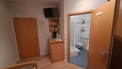 a bathroom with a toilet and a sink and a shower at Appartement Karolina in Bad Soden-Salmünster