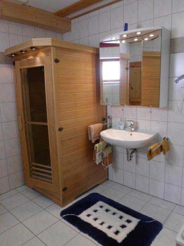 a bathroom with a sink and a shower and a mirror at Ferienwohnung im Harz-Haus-Bruns in Clausthal-Zellerfeld