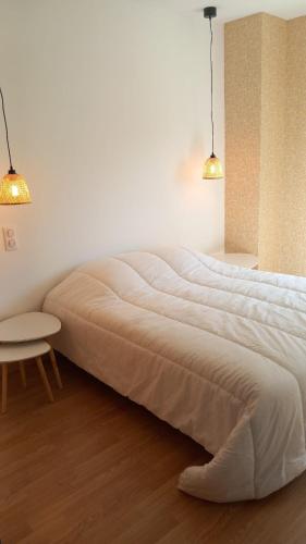 Ce lit se trouve dans un dortoir doté de 2 lampes et d'une table. dans l'établissement Le Maricou 120m2 totalement rénové terrasse 40m2, à Châtillon-en-Diois