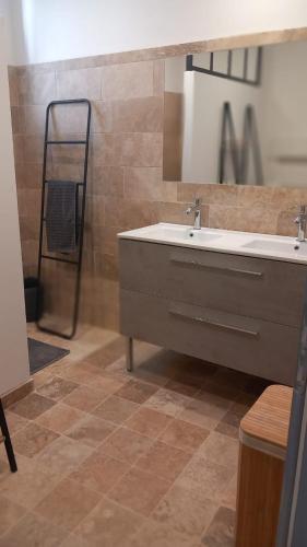 une salle de bain avec un lavabo et un miroir dans l'établissement Le Maricou 120m2 totalement rénové terrasse 40m2, à Châtillon-en-Diois