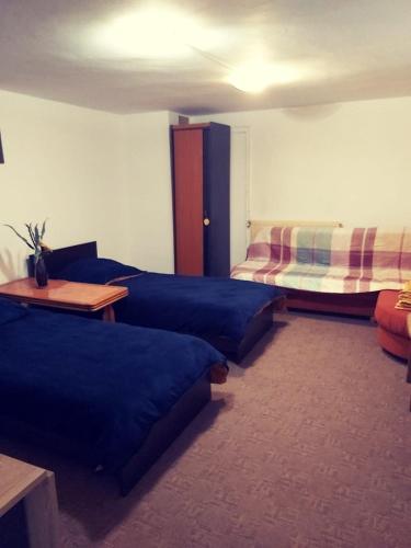 a living room with two beds and a couch at Cameră privata cu baie Tina, Iulius Mall in Timişoara