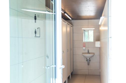 a bathroom with a shower and a sink at Camping Muglin in Müstair