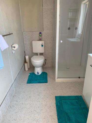 baño con aseo y ducha con alfombras azules en Almaden Country Rooms, en Almaden
