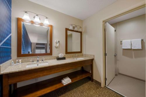 Baño del hotel con lavabo y espejo en Comfort Inn Fayetteville I-95, en Fayetteville