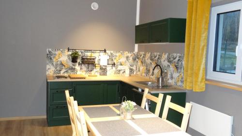 a kitchen with green cabinets and a table and a sink at Domki z Widokiem in Radków