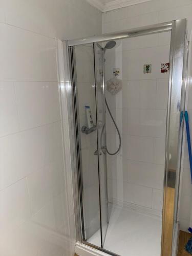 een douche met een glazen deur in de badkamer bij Angle90 apartments in Londen